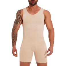 Daytain Mens Full Body Shaper Slimming Compression Bodysuit Shapewear Thigh Slimmer Tummy Control, Boxer Bodysuit, Beige