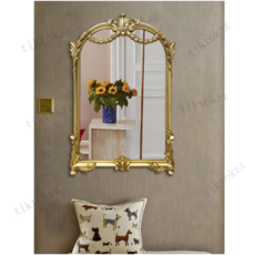 精緻金色邊框拱形浴室鏡，古典雕花裝飾，提升浴室空間質感, 銀