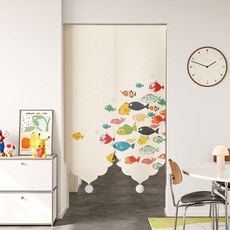 奶油風異形門簾臥室免打孔遮擋簾兒童房半簾廚房衛生間防窺隔斷簾, 彩怪獸A-異形【加厚棉麻】+白色毛球,寬65*高90cm【半開式-送伸縮桿0