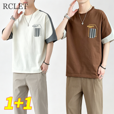 RCLET 1+1 남성 반팔 티셔츠 여름 순면 프린트 라운드 티셔츠 루즈핏 캐주얼 티셔츠 상의