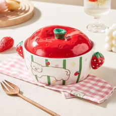 캐릭터 스타일딸기고양이그릇 손잡이그릇 고급도자기 그릇세트, 레드, 1개