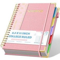 Aeshetic 탈착식 칸막이 및 탭 작업용 하드커버 나선형 노트 21.6 x 27.9cm(8.5 x 11인치) 노트 5개 과목 노트 대학 유선 A4 리넨 나선형 노트 학, 8.5"x11", 핑크