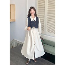 여성 봄 원피스 세트 빅사이즈 루즈핏 셔츠 원피스 + 데님 베스트 투피스 프렌치 여자 투피스 세트 YXF