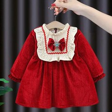 Mongsili方領燈芯絨連衣裙長袖秋季女童外出裝