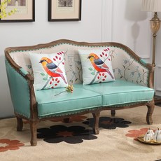 複古法式田園紐扣歐式輕奢美式鄉村布皮藝實木單雙三人小戶型沙髮沙髮 雙人沙髮 三人沙髮 沙髮組, 草綠油蠟皮+印花提花布,單人長95*寬75*高96