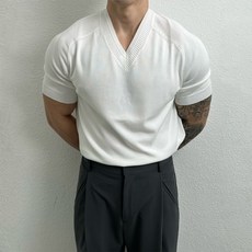 style dr 남자 여름 티셔츠 슬림핏 니트티 브이넥 반팔 면 반팔니트 어깨가넓 어보이는옷