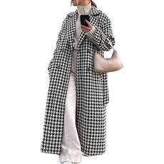 SOMTHRON 여성용 하운드투스 트렌치 코트 더블 브레스트 노치 라펠 재킷 피코트 겨울 롱 오버코트 벨트 포함 블랙. L 122922