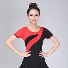廣場舞上衣 莫代爾棉練功舞蹈服, 黑拚大紅短袖,L