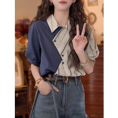 여성 여름 스트라이프 반팔 셔츠 블라우스 복고풍 홍콩 스타일 라펠 디자인