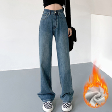 NUNUHANA 여성용 빈티지 하이웨스트 기모 와이드 청바지