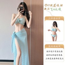 2025新款三件套泳衣披紗分體吊帶花朵顯白度假溫泉沙灘海邊泳衣女, 藍色 玫瑰花語【三件套泳衣套裝】 新0,M 【建議47.5-52.5kg】