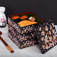 도시락통 일본찬합 고급 벚꽃 용기 3단 일식 우드 소풍 도시락 가정식 나무, 1개, Q. 3겹 중형 사이즈 겉은 검은색 안은 붉은 벚꽃 5