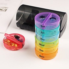 圓形藥盒 一日兩餐日夜吃藥提醒分裝盒, 外透黑內彩, 1個