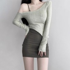 Asure 여자 긴팔 오프숄더니트 슬림핏 나시원피스 투피스