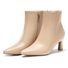 Coutgo 여성용 앵클 부츠 키튼 로우 힐 클로즈드 포인트 부츠 사이드 지퍼 겨울 드레스 슈즈 베이지.