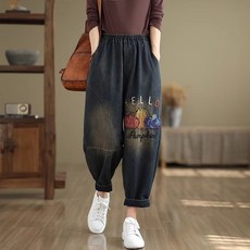 여성용 빅사이즈 데일리 루즈핏 데님 팬츠 밴딩 자수 배기 청바지