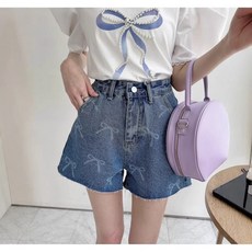 여름 하이웨이스트 워싱 프린트 리본 장식 와이드 레그 데님 반바지 여성용 핫팬츠