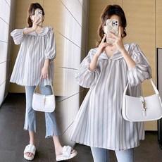 임산부 긴팔 티셔츠 봄 가을 캐주얼 러블리 칠부 소매 티셔츠 임부 스트라이프 셔츠 상의 YHY