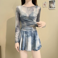LIULU泳衣女新款連體裙式感扎染長袖罩衫兩件套遮肉保守遮肚子