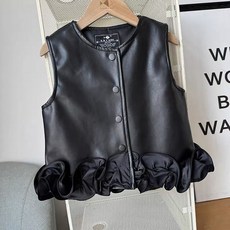 로르카 14세 이상 사용 가능 아동용 라운드넥 민소매 버튼 프릴 밑단 인조가죽 조끼