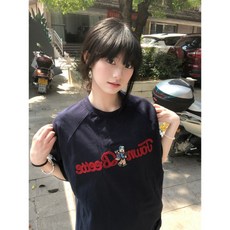 레트로 레터링 카툰 자수 반소매 티셔츠 여성용 여름 2025 디자인 순면 상의