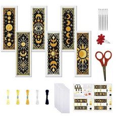 FREEBLOSS 십자수 책갈피 키트 6세트 태양과 달 스탬프 자수 스타터 키트 DIY 자수 책갈피 프린트 십자수 키트 초보자용 22x6cm/8x2.4인치, Tarots