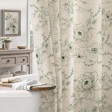 NDDYCU 팜하우스 플로럴 리넨 샤워 커튼 빈티지 그린 자수 패턴 러스틱 욕실용 탠 회갈색 182.9x182.9cm(7