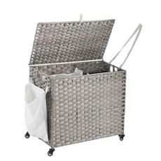 바퀴가 달린 세탁 바구니 130L(34.3갤런) 롤링 뚜껑 포함 탈착식 대형 2가지 색상 라이너 및 메시 가방 3개 측면 포켓이 있는 옷 그레이 278913, 23.62"L x 15.75"W x 21.65"H, 회색