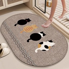 簡約浴室地墊 亞麻耐磨吸水速乾防滑墊, 直邊圓-衛-仿麻紋-圓貓,45*70cm（亞麻）, 1個
