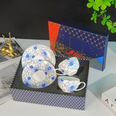 輕奢骨瓷茶具組 含茶壺與咖啡杯碟 適用於下午茶家用, 花簇系列-雙杯碟-禮盒裝,150ml-860ml, 1個