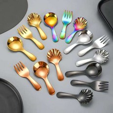 304不鏽鋼勺子叉子餐具短柄兒童圓頭勺貝殼勺冰淇淋勺雪糕勺甜品, 1個, 1個, 410奶粉叉原色