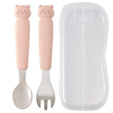 키도러블 고양이 스텐 실리콘 스푼+포크+케이스 세트, 1세트, 파스텔핑크