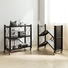 솔리드랙 원터치 접이식 철제 선반 다용도 이동식 폴딩 바퀴선반, 3단, 블랙