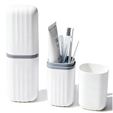 칫솔 여행용 케이스 키트 휴대용 접이식 칫솔 홀더 및 치약 커버 용기 구강 세정제 컵 포함 여행 욕실 캠핑 출장용 구강 청소 도구 정리함, White