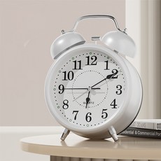 [웨일쓰] 무소음 클래식 자명종 탁상시계 시끄러운 알람시계, 화이트