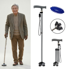 장수안 프리미엄 초경량 접이식 네발 지팡이 등산스틱 보행 보조 워킹스틱, 1개, 실버