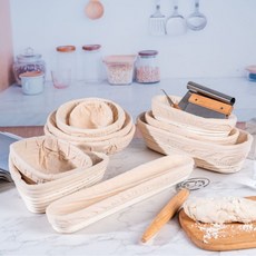 藤編麪包發酵籃 圓形橢圓形麪糰發酵工具 印尼藤發酵籃 烘焙套裝, 1個, 如圖:配布套橢圓形17*12*6