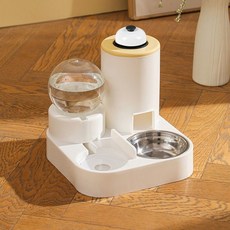 寵物自動餵食器 飲水餵食二合一, 1個, 黃白色【1L帶鈴鐺水壺+不銹鋼碗】,寵物餵食器