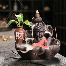 倒流香爐創意家居擺件陶瓷工藝品紫砂小和尚檀香爐薰香觀賞香爐, A1款荷葉悟禪如來紅色