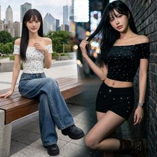 여성 오프숄더 티셔츠 별나염 스타 패턴 슬림핏 긴팔티