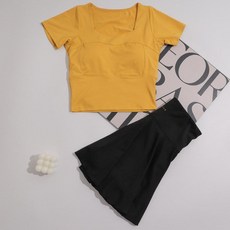 치마바지 팬츠 스윔 하이웨이스트 실내 비키니 바지 래쉬가드, 블랙 스커트+옐로우 반팔