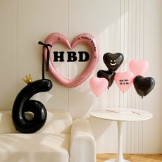 [파티랑]핑크블랙 하트 HBD 풍선세트( 숫자풍선 포함), 1세트, 06)핑크블랙 하트 HBD 풍선세트-숫자6