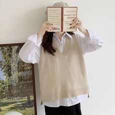 Helena 大V領針織背心 長版上衣 學院慵懶風韓版簡約寬鬆