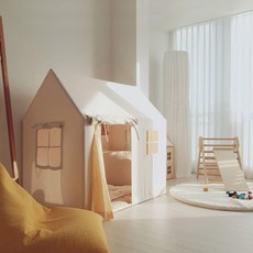 하우스텐트 놀이텐트 실내 캠핑 작은방 꾸미기 일체형 벙커 놀이방 인형집, 4. 베이지+매트+옐로우커튼 +  조명, 1개