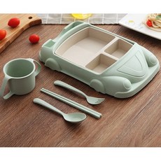 現貨環保兒童餐盤I4AK，創意卡通分格餐盤，防摔竹纖維餐具，幼稚園汽車餐盤, 綠色 五件套（彩盒微凹）內分隔可拆, 1個