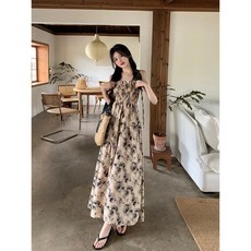 氣質驚豔吊帶長裙夏季2026新款度假風超仙森系碎花高腰顯廋連衣裙, 2XL