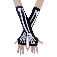JISEN 여성용 펑크 겨울 암 워머 니트 스트레치 소프트 핑거리스 장갑 화이트 스켈레톤 298652, JISEN 여성용 펑크 겨울 암 워머 니트 스트레치 소
