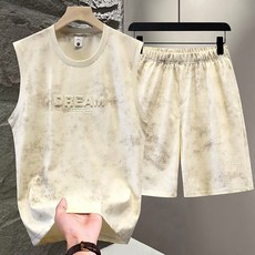 ROYALBELLE 남성 나염 민소매 티셔츠 밴딩 반바지 루즈핏 운동 캐주얼 투피스 세트