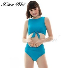 蘋果牌 藍綠色綁帶短背心 時尚大女二件式泳裝, L