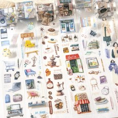 PET 모델 스티커 테이프 6종 세트 - 빈티지 패션/커피/일상 다이어리 꾸미기용, 유색, 6개